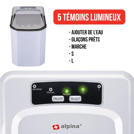 Machine à glaçons 112W Cycles de 9 glaçons 10 à 12 min 2 tailles Couvercle Transparent ALPINA