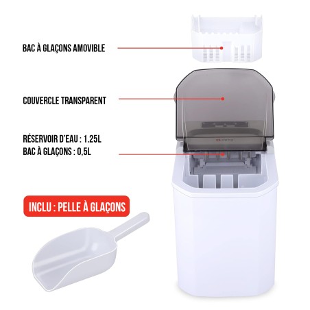 Machine à glaçons 112W Cycles de 9 glaçons 10 à 12 min 2 tailles Couvercle Transparent ALPINA