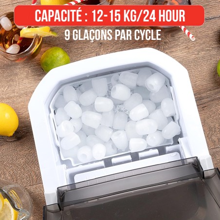 Machine à glaçons 112W Cycles de 9 glaçons 10 à 12 min 2 tailles Couvercle Transparent ALPINA