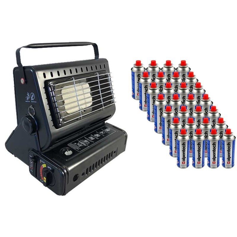 Chauffage d'appoint à gaz 1300 W Camping Caravane Radiateur puissant + 28 Cartouches de Gaz extérieur 250gr NIKLAS