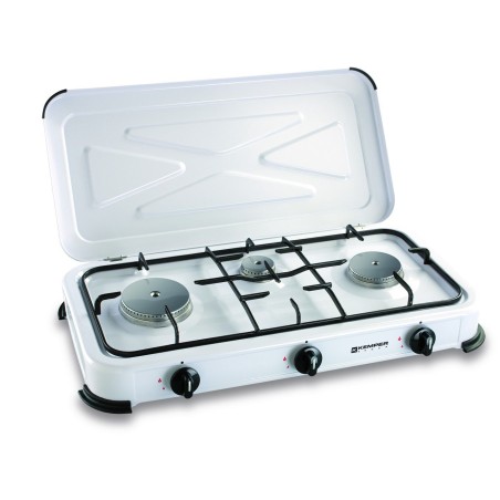 Réchaud gaz portable 3 feux 3450W Blanc laqué Couvercle Plaque de cuisson + Tuyau gaz KEMPER