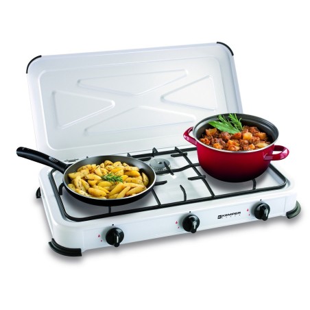 Réchaud gaz portable 3 feux 3450W Blanc laqué Couvercle Plaque de cuisson + Tuyau gaz KEMPER