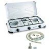 Réchaud gaz portable 3 feux 3450W Blanc laqué Couvercle Plaque de cuisson + Tuyau gaz KEMPER