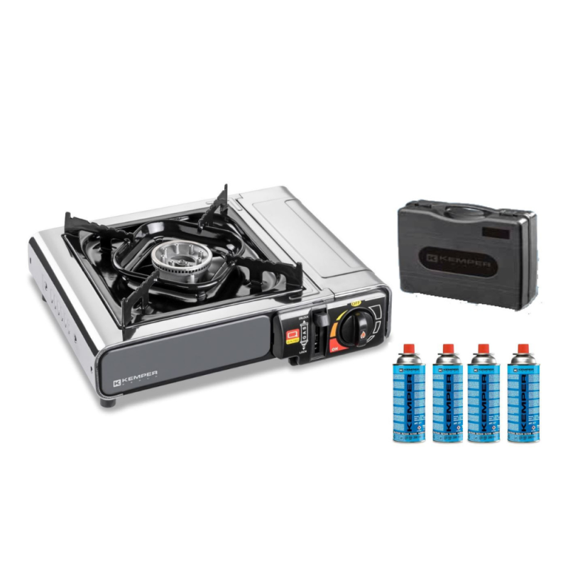 Réchaud à gaz 2200W INOX + 4 cartouches de gaz 190g KEMPER