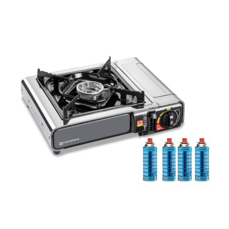 Réchaud à gaz 2200W INOX + 4 cartouches de gaz 190g KEMPER