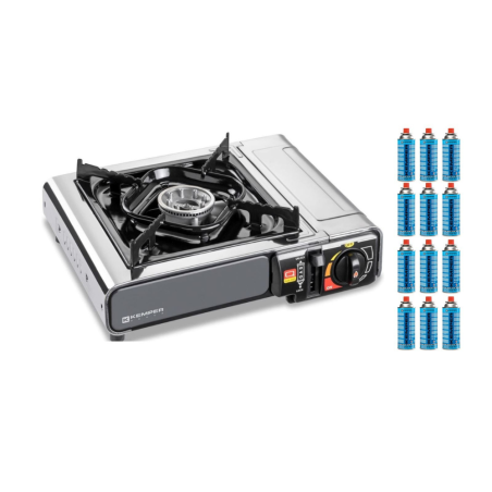 Réchaud à gaz 2200W Inox + 12 Cartouches gaz Camping Allumage piezo Système Sécurité KEMPER