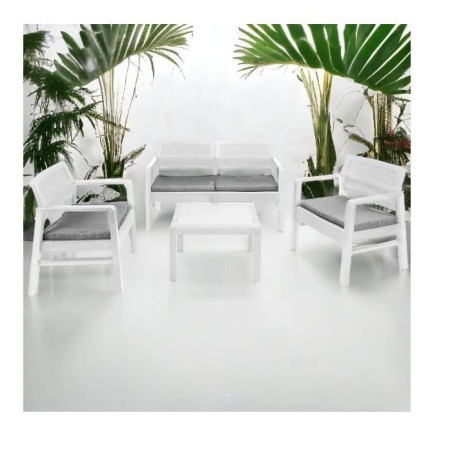 Salon de jardin 4 pièces Canapé 2 places + 2 fauteuils + Table basse Résine Blanche