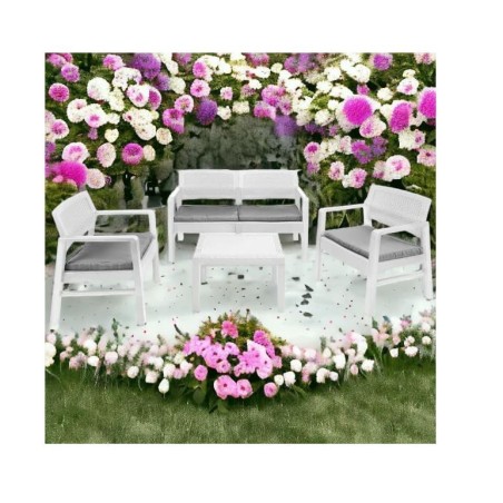 Salon de jardin 4 pièces Canapé 2 places + 2 fauteuils + Table basse Résine Blanche