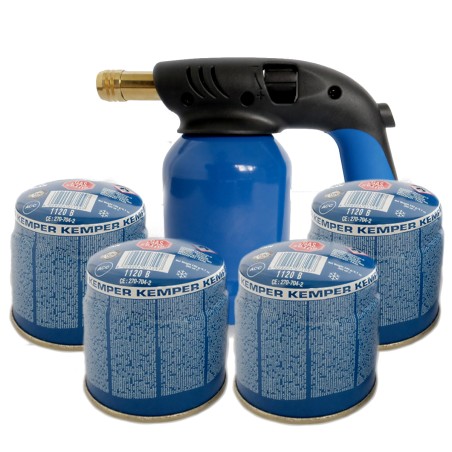 Lampe a souder gaz + 4 cartouches gaz 190g avec sécurité stop gaz Coque Acier Piezo KEMPER