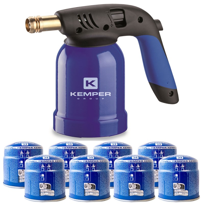 Lampe a souder Coque Acier allumage piezo + 8 Cartouches de gaz 190gr STOP GAZ Perçables KEMPER