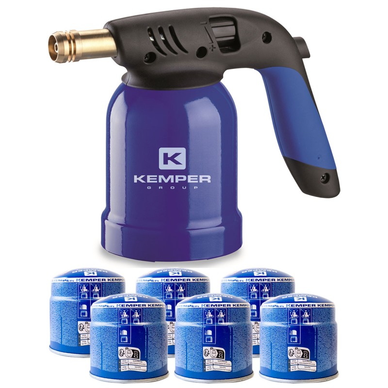 Lampe a souder Coque Acier Allumage piezo + 6 Cartouches de gaz 190gr STOP GAZ Perçables KEMPER