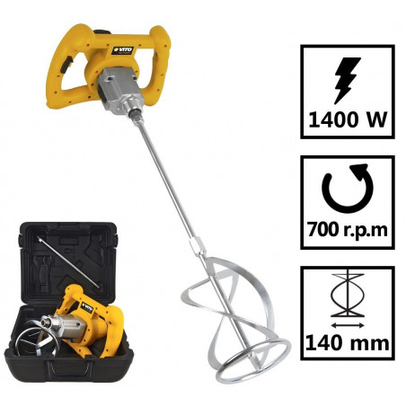 Malaxeur de chantier 1400W Mélangeur à béton Tige 590mm Pale 140 mm Capacité 65L 2 vitesses Coffre de rangement VITO