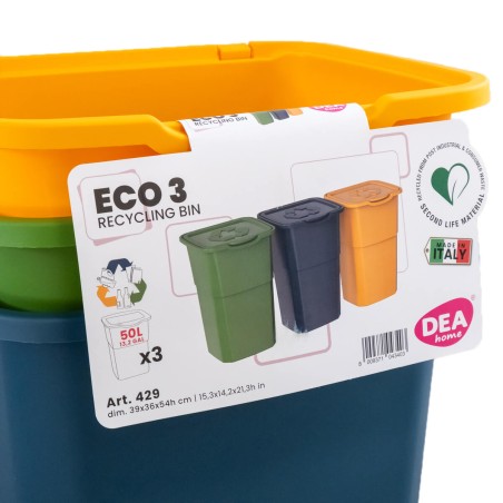 Lot de 3 Poubelles de tri Jaune/bleu/Vert 39 x 36 x 54 cm avec Couvercle Capacité 3 X 50L DEA HOME