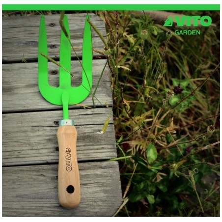 Rateau de jardin 3 dents Outil de jardin Acier et manche bois de hêtre VITO