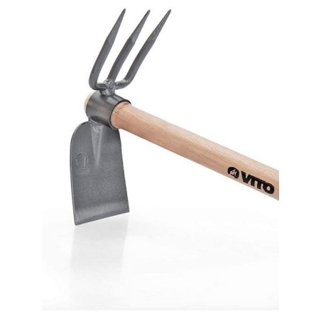 Serfouette avec panne et fourche 3 dents Outil de jardin Manche bois Inox et Fer forgés à la main VITO