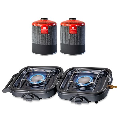 Réchaud gaz 2 feux 4600W pliable + 2 Cartouches de gaz KEMPER