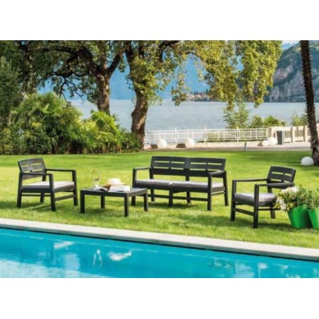 Salon de jardin 4 pièces Anthracite Canapé 2 places + 2 fauteuils + Table basse + 3 Coussins écru KZ GARDEN