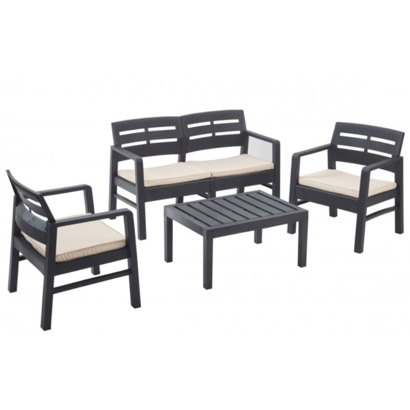 Salon de jardin 4 pièces Anthracite Canapé 2 places + 2 fauteuils + Table basse + 3 Coussins écru KZ GARDEN