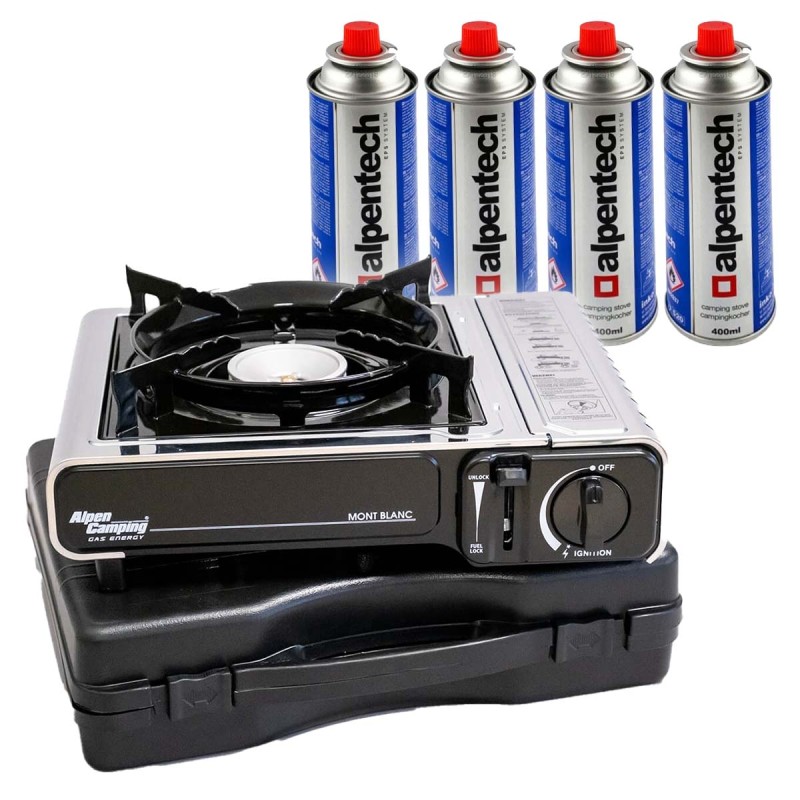 Réchaud à gaz INOX 2200W MONT BLANC + 4 Cartouches de gaz Camping ALPEN