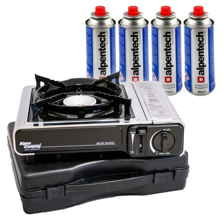 Réchaud à gaz INOX 2200W MONT BLANC + 4 Cartouches de gaz Camping ALPEN