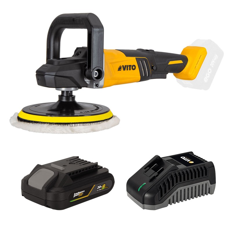 Polisseuse sans fil 20V Brushless + Batterie lithium 2Ah + 2 Tampons de polissage Ø 180mm Chargeur VITO