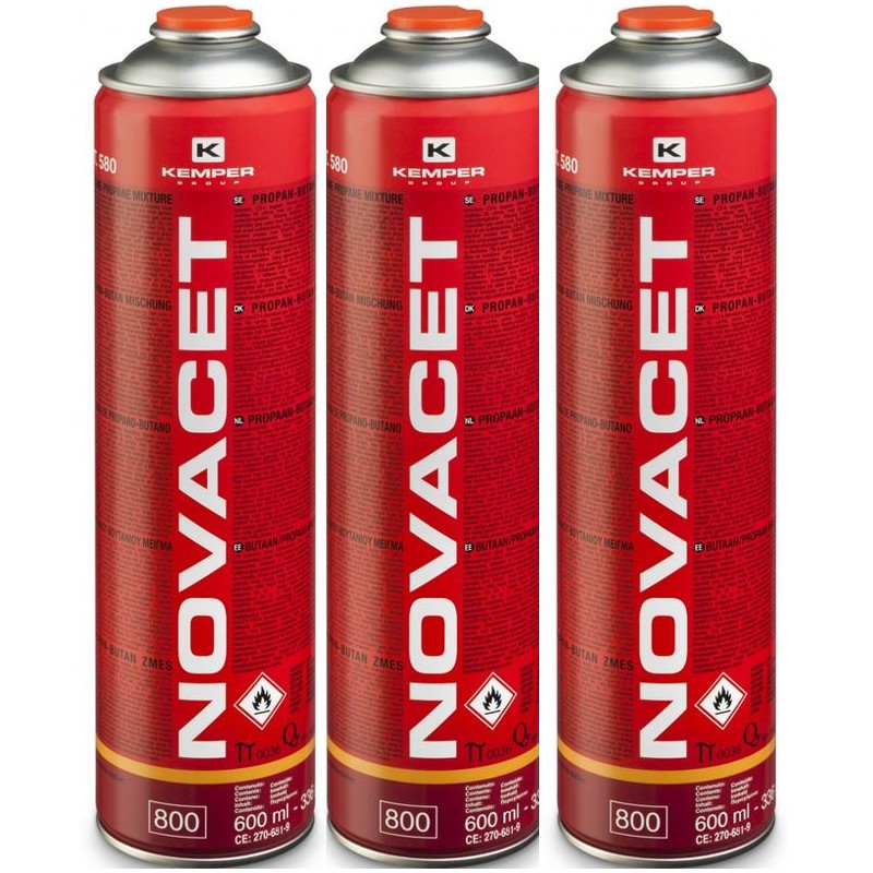 Pack de 3 Cartouches de gaz 330gr NOVACET Butane propane mix 600ml Valve 7/16 KEMPER