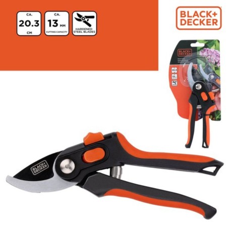 Sécateur de jardin Lame en Acier Trempé 20.3cm - Ciseaux de Jardin Coupe 13mm Plantes, Haies et Fleurs  Black&Decker