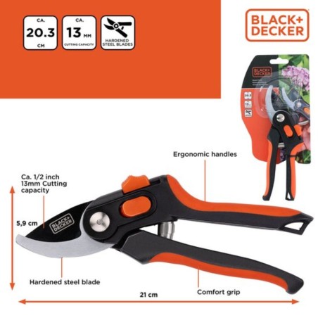 Sécateur de jardin Lame en Acier Trempé 20.3cm - Ciseaux de Jardin Coupe 13mm Plantes, Haies et Fleurs  Black&Decker