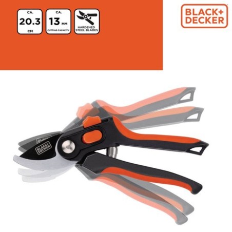 Sécateur de jardin Lame en Acier Trempé 20.3cm - Ciseaux de Jardin Coupe 13mm Plantes, Haies et Fleurs  Black&Decker