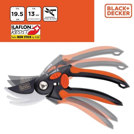 Sécateur de jardin 19.5cm Lame acier haute qualité Revetement anti-adhésif Coupe 13mm Black et Decker