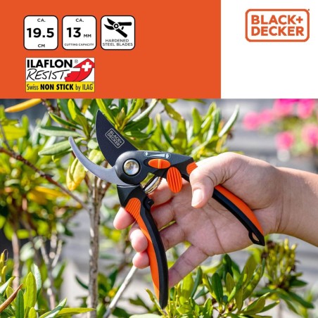 Sécateur de jardin 19.5cm Lame acier haute qualité Revetement anti-adhésif Coupe 13mm Black et Decker
