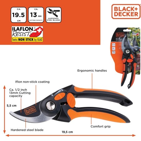 Sécateur de jardin 19.5cm Lame acier haute qualité Revetement anti-adhésif Coupe 13mm Black et Decker
