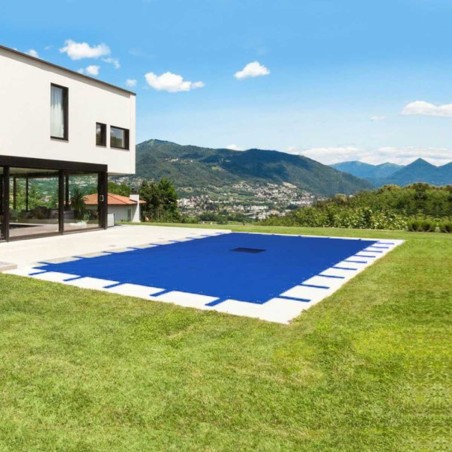 Bâche piscine rectangulaire 6 x 10m Bleue marine avec filet d'écoulement résistance 140g/m2