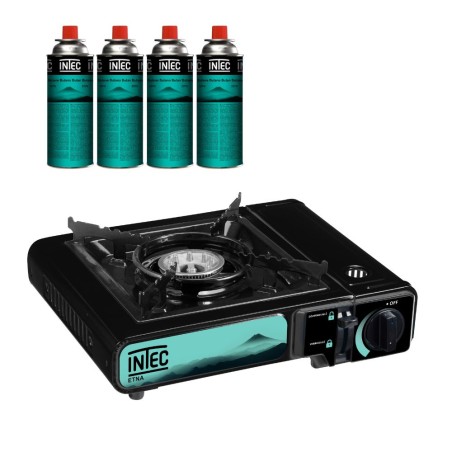 Réchaud à gaz 2200W + 4 Cartouches gaz butane Camping Road trips Piezo Mallette Etna INTEC