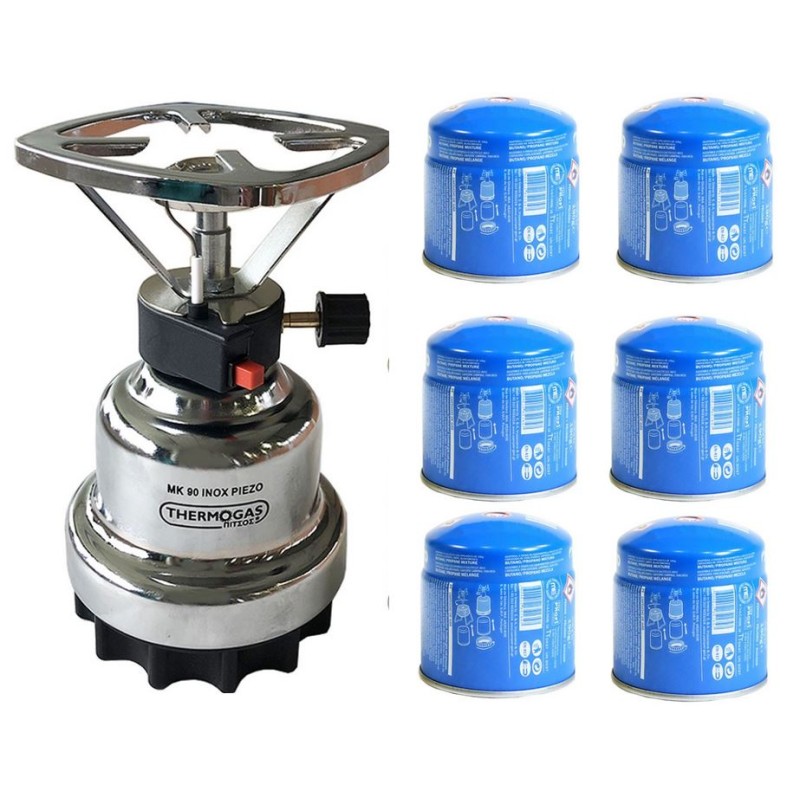 Rechaud à gaz 1200W Plaque Inox + 6 cartouches de gaz 190gr CAMPER GAZ