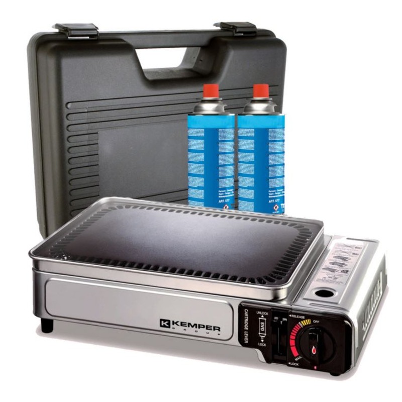 Plancha à gaz portable 2300W + 2 cartouches de gaz + Valise de transport KEMPER