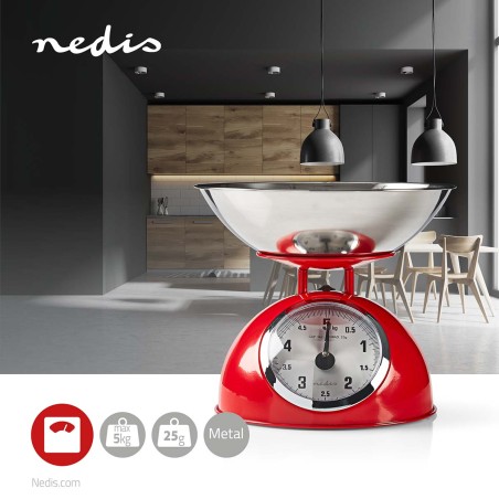 Balance de cuisine Retro Rouge Analogique Bol amovible acier 5kg Fonction Tare NEDIS