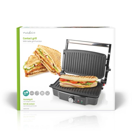 Grill de contact 1500W Sandwiches Pannini Grillades Plaque Anti-adhésive Poignée froide NEDIS