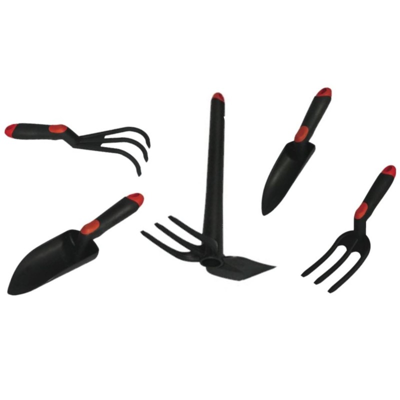 Kit 5 outils de jardin Serfouette - Plantoir large - Plantoir fin - Mini fourche 3 dents - Rateau 3 dents BRIXO