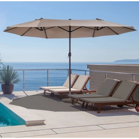 Parasol de terrasse double Marron Taupe 4.50 x 2.65 x H 2.40 Toile polyester TWIN KZ GARDEN