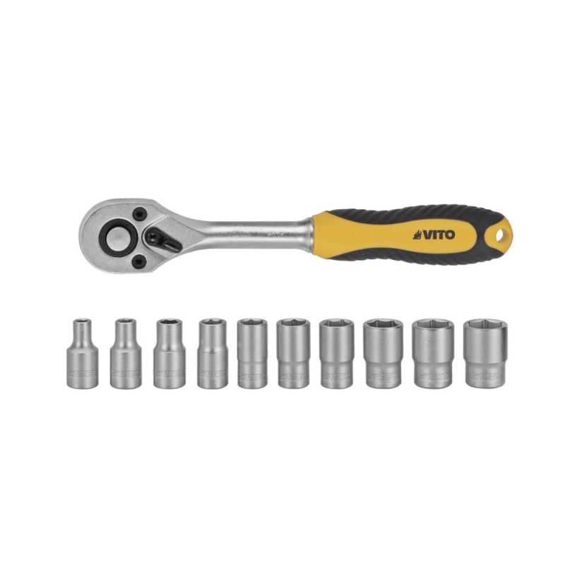Douilles X10 Chrome vanadium Clé à cliquet 1/2'' réversible + 10 douilles 1/2''4 à13 mm ITOOLS