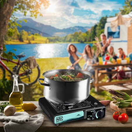 Réchaud à gaz portable 2200W Etna + Plaque Grill Barbecue Camping Allumage Piezo Mallette INTEC