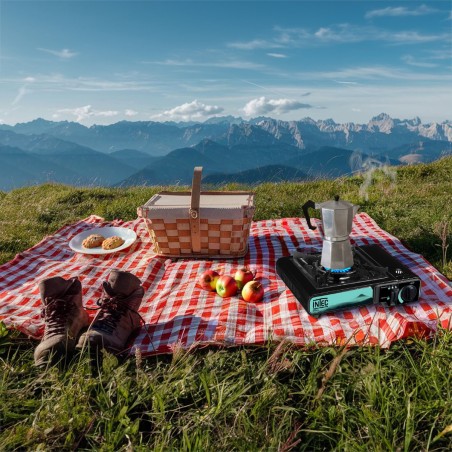 Réchaud à gaz portable 2200W Etna + Plaque Grill Barbecue Camping Allumage Piezo Mallette INTEC