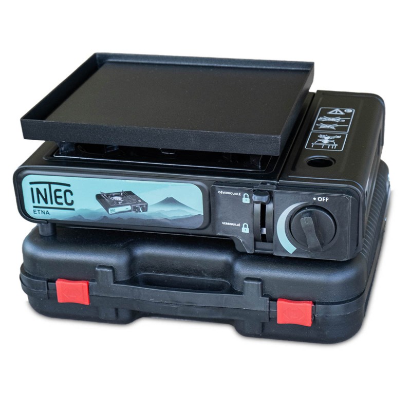 Réchaud à gaz portable 2200W Etna + Plaque plancha 26 x 23 cm Camping Barbecue Mallette INTEC