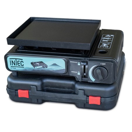 Réchaud à gaz portable 2200W Etna + Plaque plancha 26 x 23 cm Camping Barbecue Mallette INTEC