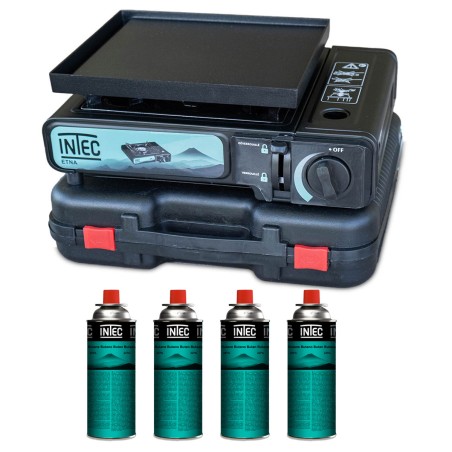 Réchaud à gaz 2200W Etna + Plaque à plancha + 4 Cartouches de gaz Mallette INTEC