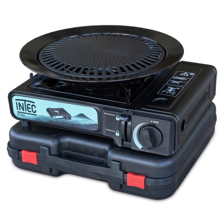 Réchaud à gaz portable 2200W Etna + Plaque Grill Barbecue Camping Allumage Piezo Mallette INTEC