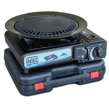 Réchaud à gaz 2200W Etna + Plaque Grill Barbecue + 4 Cartouches gaz Camping Mallette INTEC