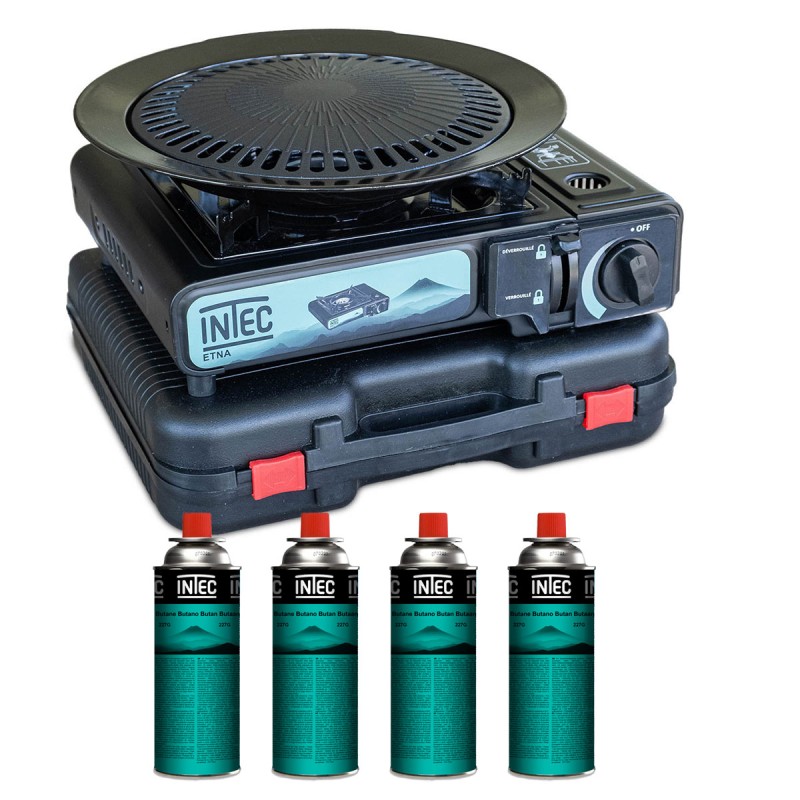 Réchaud à gaz 2200W Etna + Plaque Grill Barbecue + 4 Cartouches gaz Camping Mallette INTEC