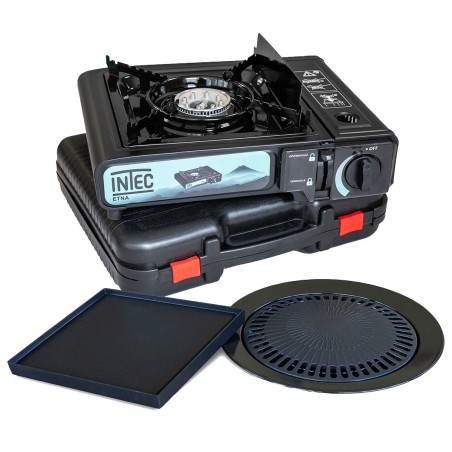 Réchaud à gaz portable 2200W Etna + 2 plaques Plancha et Grill Barbecue Camping Mallette INTEC